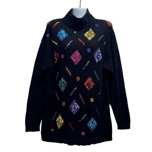Vintage 90's Multicolor Sweater Dress L Silk Angora Blend Embellished Beaded